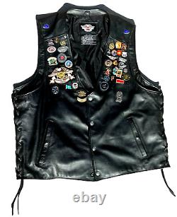 Harley Davidson VEST mens black leather 2XL orange snap bar shield, various pins