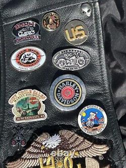 Harley Davidson VEST mens black leather 2XL orange snap bar shield, various pins