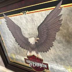 Harley Davidson Wall Mirror Bar Shield Eagle Carved Wood Framed 19x15 Vintage