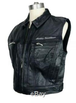 Harley Davidson Womans Leather Jacket Vest L Black Zip Up Collared Bar Shield