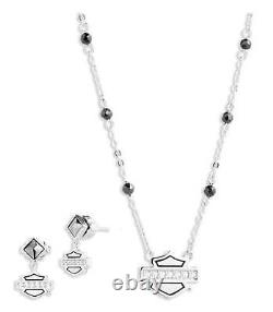 Harley-Davidson Women's 16in Crystal Bar & Shield Necklace & Earring Set, Silver