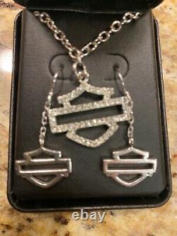 Harley-Davidson Women's Necklace, Bling Ba&r Shield withearrings, Silver HDN0324