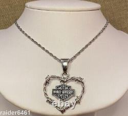 Harley Davidson Women's Sterling Silver Bar & Shield Barbed Wire Heart Necklace