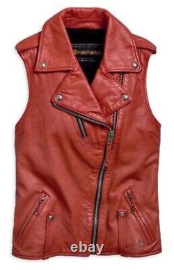 Harley-Davidson Womens Asymmetrical Red Leather Bar & Shield Zip Vest Size S