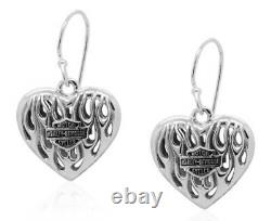 Harley-Davidson Womens Flames Bar & Shield Heart Dangle Earrings, Silver HDE0423
