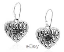 Harley-Davidson Womens Flames Bar & Shield Heart Dangle Earrings, Silver HDE0423
