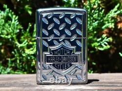 Harley Davidson Zippo Lighter Deep Carved Diamond Plate Bar & Shield Rare