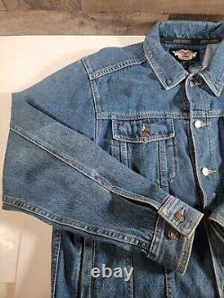 Harley Davidson men jacket Blue denim cotton jean button bar shield orange LARGE