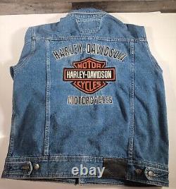 Harley Davidson men jacket Blue denim cotton jean button bar shield orange LARGE