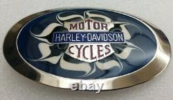 Harley-davidson Flaming Bar & Shield On Blue Enamel Vintage 1970's Belt Buckle