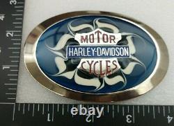 Harley-davidson Flaming Bar & Shield On Blue Enamel Vintage 1970's Belt Buckle