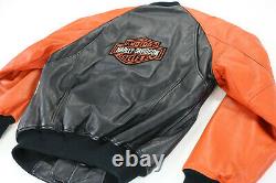 Harley davidson leather bomber jacket S M black orange bar shield stretch waist