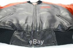Harley davidson leather bomber jacket S M black orange bar shield stretch waist
