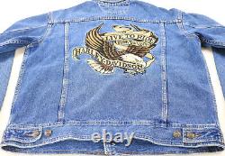Harley davidson mens jacket M blue Live Ride cotton denim jean button bar shield