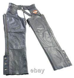 Harley davidson mens riding chaps S black leather stock biker pants bar shield