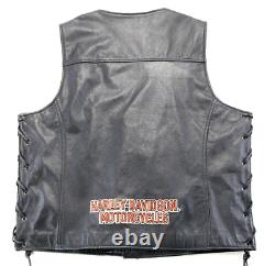 Harley davidson mens vest L black leather pathway orange snap bar shield vintage