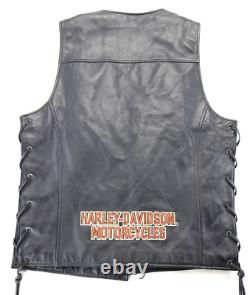 Harley davidson mens vest S black leather Pathway bar shield snap orange plain