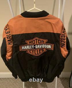 Harley davidson racing jacket L nylon black orange bar shield zip. RN 103819