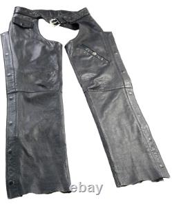 Mens harley davidson chaps S black leather vintage biker pants bar shield vtg