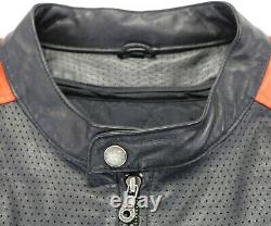 Mens harley davidson leather jacket 3XL black orange perforated BAR SHIELD zip