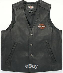 Mens harley davidson leather vest L black orange stock bar shield snap 98150-06