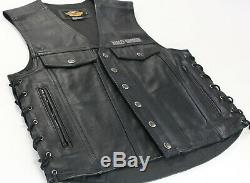 Mens harley davidson leather vest M L black piston ii snap lace up bar shield