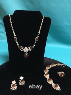 RARE HARLEY DAVIDSON Sterling Real Amber Bar & Shield Necklace Earrings Set PLUS