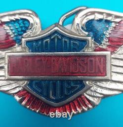 Rare Unique 1970's Harley Davidson Belt Buckle Wings Enamel Bar & Shield New