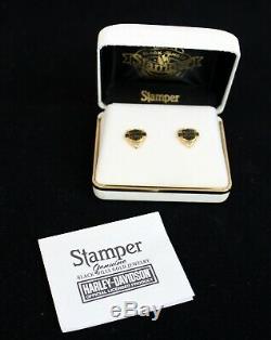 Stamper- 10k 14k Gold Harley Davidson Bar Shield & Heart Post Stud Earrings