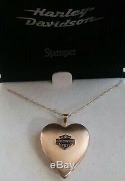 Stamper Solid 14k Gold Harley Davidson Bar & Shield Heart Locket / Necklace