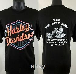VTG 80s Neon Harley Davidson Bar & Shield Sign T-Shirt Big Bike Shop Ohio XL Tee