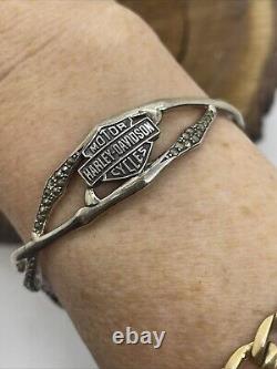 VTG Harley Davidson 925 Sterling Silver Marcasite Bar/Shield Cuff Bracelet-15.7G