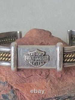 Vintage. 925 Sterling Silver Harley Davidson Bar & Shield 2-tone Cuff Bracelet