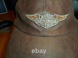 Vintage Harley Davidson Winged Bar & Shield Brown Leather Baseball Cap RARE/HTF