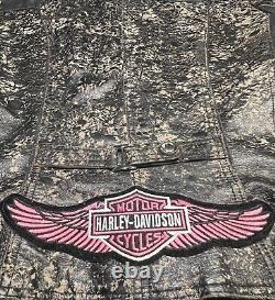 Vintage Harley Davidson Women's Camo Leather/Cotton Pink Bar & Shield Jacket (L)