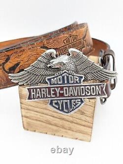 Vtg 1980s Harley Davidson Motorcycles Wings Bar Shield Brass Belt Buckle W Belt