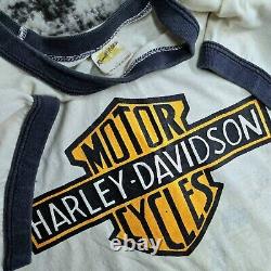 Vtg 70s Harley-Davidson Russell Athletic Ringer T-Shirt L Bar Shield Logo Biker