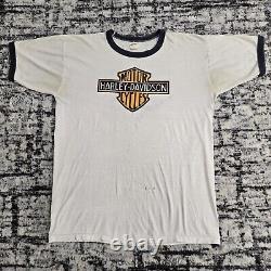 Vtg 70s Harley-Davidson Russell Athletic Ringer T-Shirt L Bar Shield Logo Biker