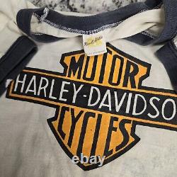 Vtg 70s Harley-Davidson Russell Athletic Ringer T-Shirt L Bar Shield Logo Biker