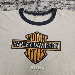 Vtg 70s Harley-Davidson Russell Athletic Ringer T-Shirt L Bar Shield Logo Biker