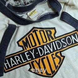 Vtg 70s Harley-Davidson Russell Athletic Ringer T-Shirt L Bar Shield Logo Biker