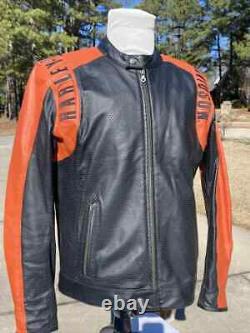 Blouson en cuir Harley Davidson pour homme l Noir Orange Perforé Bar Shield Par