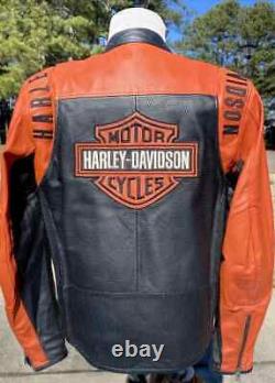 Blouson en cuir Harley Davidson pour homme l Noir Orange Perforé Bar Shield Par