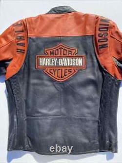 Blouson en cuir Harley Davidson pour homme l Noir Orange Perforé Bar Shield Par