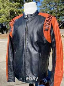 Blouson en cuir Harley Davidson pour homme l Noir Orange Perforé Bar Shield Par