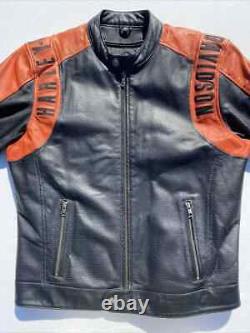 Blouson en cuir Harley Davidson pour homme l Noir Orange Perforé Bar Shield Par