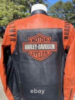 Blouson en cuir Harley Davidson pour homme l Noir Orange Perforé Bar Shield Par