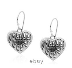 Boucles d'oreilles pendantes Harley Davidson pour femmes avec flammes, logo Bar & Shield et cœur HDE0423