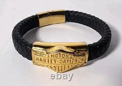 Bracelet en cuir Harley-Davidson pour homme avec Bar & Shield doré, noir