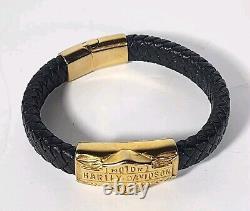 Bracelet en cuir Harley-Davidson pour homme avec Bar & Shield doré, noir